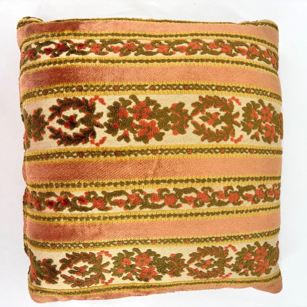 Vintage 70s Velvet Floral Striped Throw Pillow Orange Green Retro Boho MCM